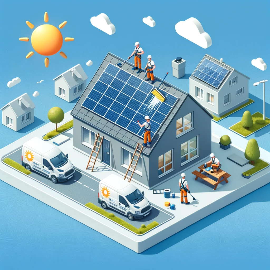 Technician cleaning rooftop solar panels with blue sky background.